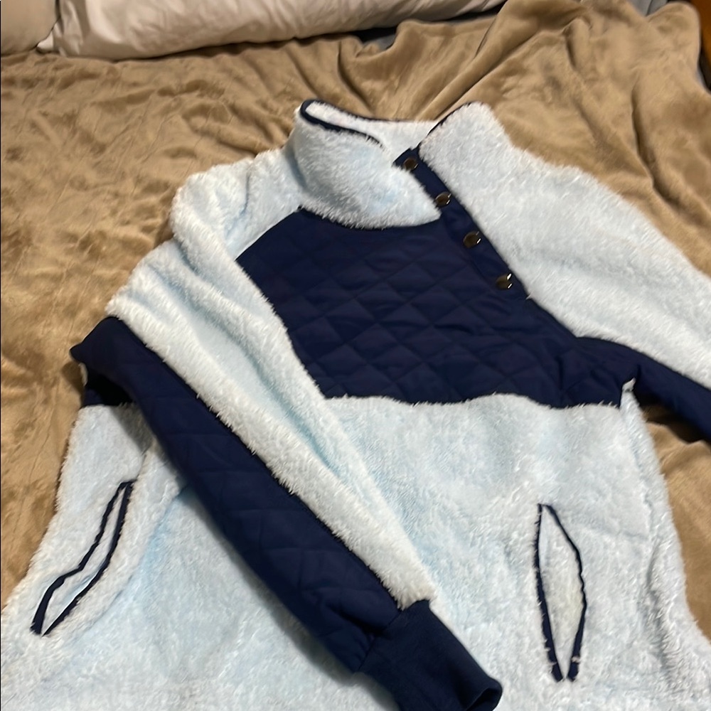 Vanilla Bay Blue Cowl Neck Sweater with Color Block Design